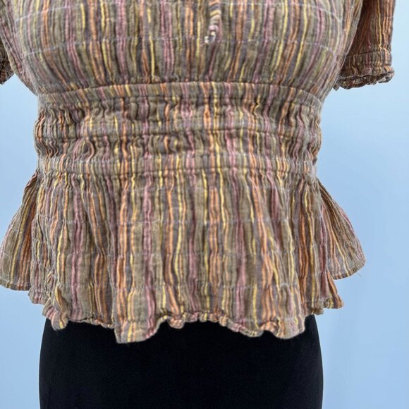 Free People Vivi‎ Smocked Peasant Top Womens M Milk maid Tie Blouson Puff Sleeve - Picture 6 of 7